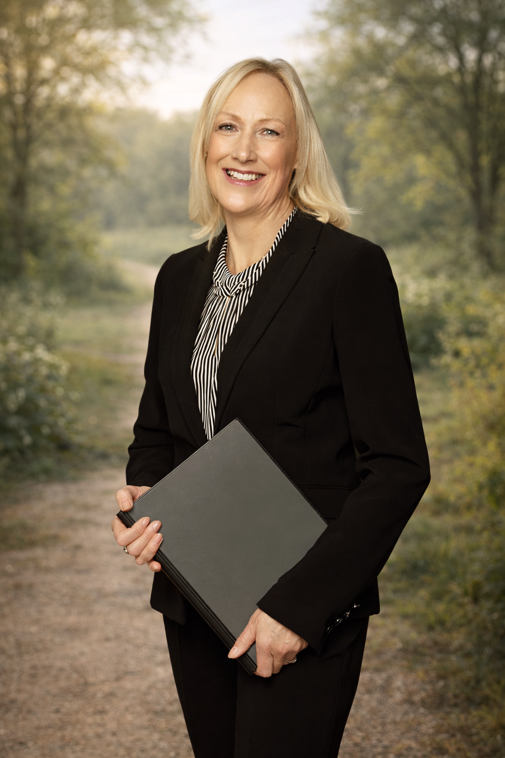 Jane French in a dark suit on a country path, holding a ceremony folder