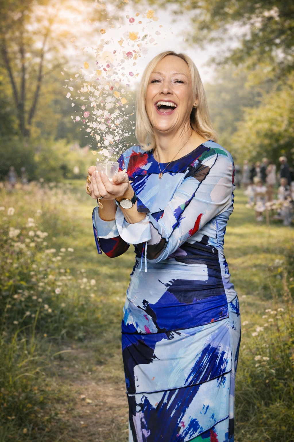 Jane French laughing in a meadow as she throws a handful of confetti