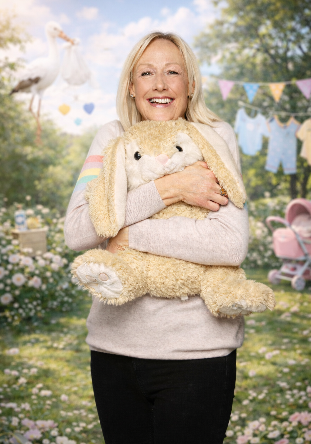 Jane French holding a large toy rabbit in a garden hung with bunting